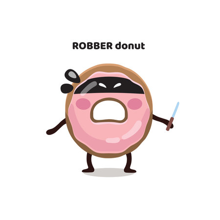 Funny flat kids digital illustration, sticker, emoji, character, mascot of pink glazed bandit, robber, thief donut with knife. Colorful flat vector illustration isolated on white backgroundのイラスト素材