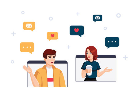 Vector flat illustration about social networks, video conference, chatting, online dating, online communication. Girl and Boy are talking by videoconferenceのイラスト素材