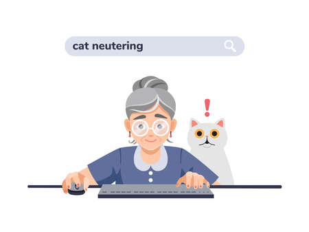 Old, elderly woman, grandmother at the computer is looking for information about cat neutering, castration. The cat is surprised and scared. Colorful vector illustration about animal neuteringのイラスト素材