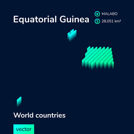 Equatorial Guinea 3D map. Stylized striped vector isometric map is in neon green and mint colors on the dark blue backgroundのイラスト素材