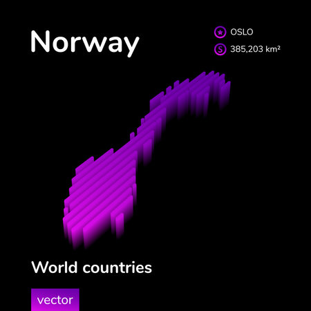 Norway 3D map. Stylized neon digital isometric striped vector Map in violet and pink colors on the black backgroundのイラスト素材
