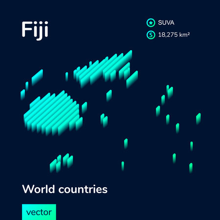 Stylized neon isometric striped vector Fiji map with 3d effect. Map of Fiji is in green and mint colors on the dark blue backgroundのイラスト素材