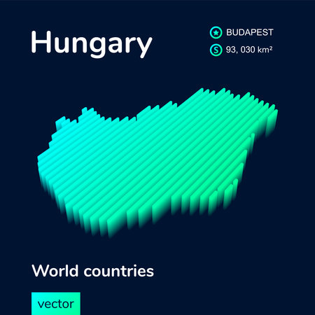 Hungary 3D map. Stylized striped vector neon isometric Map of Hungary is in green and mint colors on the dark blue backgroundのイラスト素材