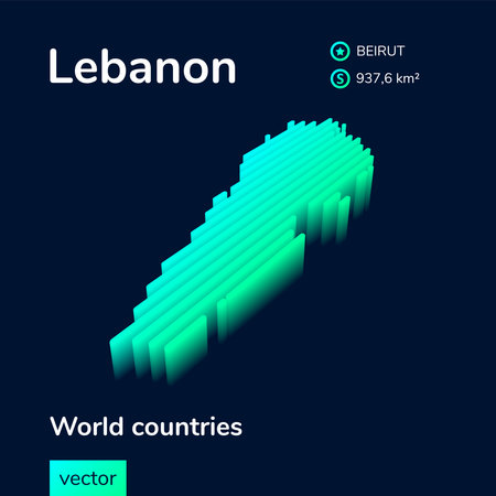 3d Lebanon map. Stylized neon simple digital isometric striped vector Map of Lebanon is in green, turquoise and mint colors on the dark blue backgroundのイラスト素材