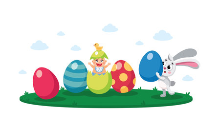 Happy easter, egg hunt flat kid's vector illustration, composition, banner, card, poster with painted, decorative eggs, newborn baby, easter rabbit, bunny, hare, seasonal greetingのイラスト素材