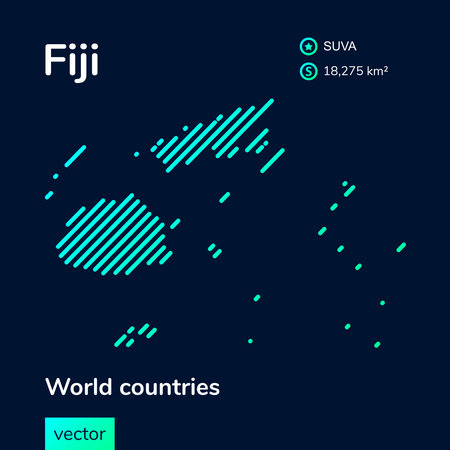Vector creative digital neon flat line art abstract simple map of Fiji with green, mint, turquoise striped texture on dark blue background. Educational banner, poster about Fijiのイラスト素材