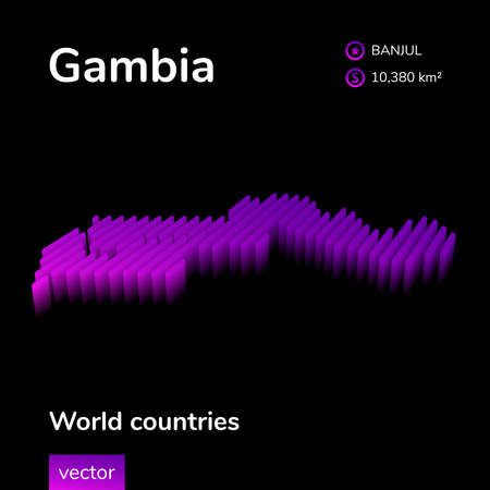 3d map of Gambia. Stylized striped vector isometric Map of Gambia is in neon violet colors on black background. educational bannerのイラスト素材
