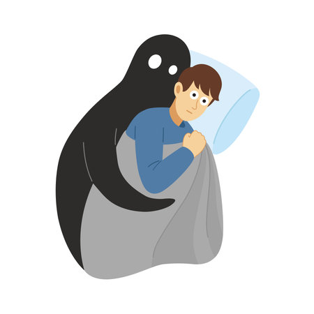 Mental problems, psychological instability concept. Scared man suffers of phobia, fears, depressive disorder, paranoia. Fear of the dark. Vector illustration in flat styleのイラスト素材