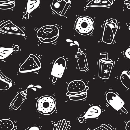 Fast food pattern. Hand drawn seamless pattern with fast food elements. Comic doodle sketch style. Vector illustrationのイラスト素材