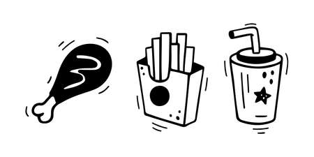 Fast food icons set - chicken leg, french fries, paper cup with drink. Hand drawn fast food combo. Comic doodle sketch style. vector illustrationのイラスト素材