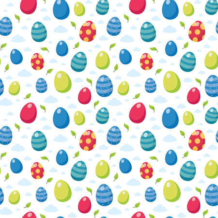 Happy easter egg hunt seamless pattern. Hand drawn pattern with painted eggs, spring elements. Vector illustration on white background. seasonal greetingsのイラスト素材