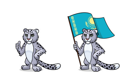 Snow Leopard - Irbis with Kazakhstan's flag is showing thumb up. Character, mascot, symbol, sign of Kazakhstan. Set of snow leopardsのイラスト素材
