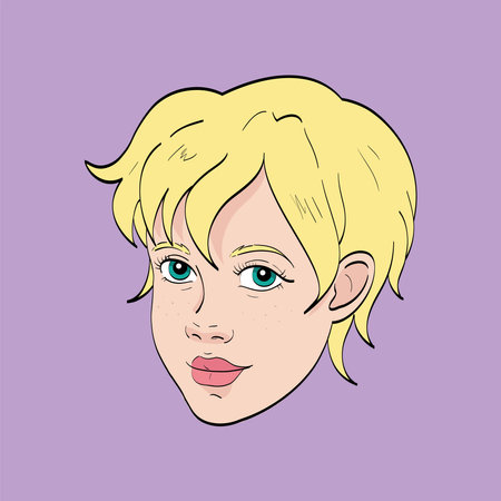 Hand drawn female fashion portrait. Avatar of a young woman, blonde teenager girl with short haircut. Vector doodle illustration. Sketch of girl's headのイラスト素材