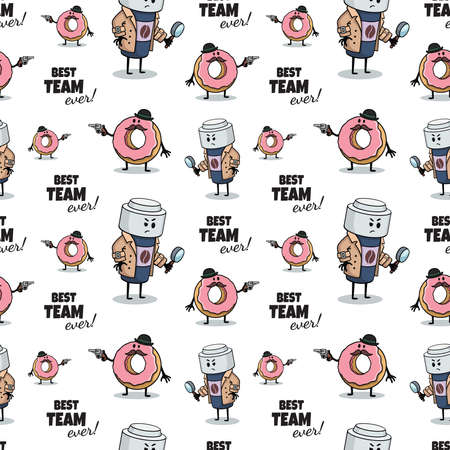 Coffee paper cup and donut as detectives partners, policemen investigating crime. Fast food seamless pattern. Hand drawn Comic doodle sketch style. Vector food illustration. The best team everのイラスト素材