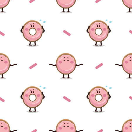 Donut seamless pattern. Pink Donut texture illustration. Fast food illustration in flat style. Funny children's pattern of pink glazed donut. Donut in panic and calm donut making yogaのイラスト素材