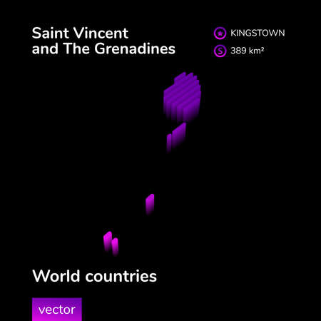 Map of Saint Vincent and Grenadines. Stylized striped isometric neon vector 3d map is in violet colors on black backgroundのイラスト素材
