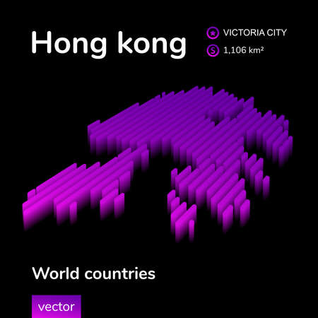 Hong Kong 3D map. Stylized isometric neon vector in violet colors on black background. Geographic poster, infographic element.のイラスト素材