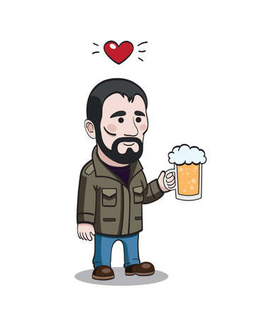 Bearded man with beer mug. Cartoony character bearded man with beer mug is in doole style. Beer love concept. Oktoberfest illustrationのイラスト素材