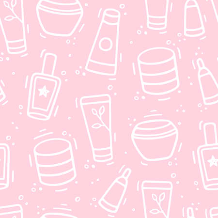 Cosmetics cream jars pink collection seamless pattern. Comic doodle sketch style. Vector Hand drawn Cosmetics collection illustration. Sketch of cosmetic items.のイラスト素材