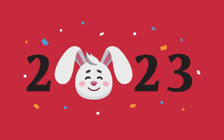 The year of the rabbit zodiac. 2023 year text with rabbit head and confetti, chinese new year postcard. Symbol of lunar new year.のイラスト素材