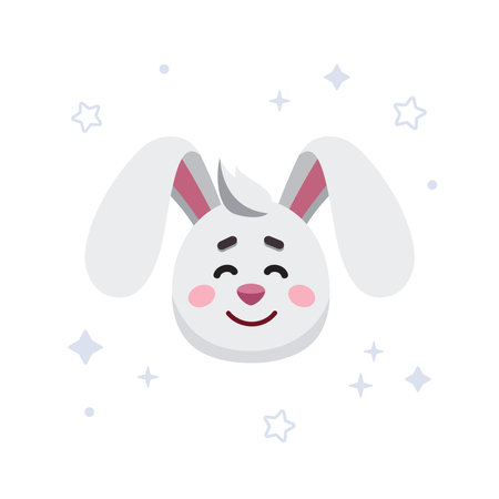 Rabbit head. Hare with stars, kids illustration, print for clothing. Symbol of lunar new year. Vector cartoon rabbit. Character, mascot, symbol, sign of Chinese New year.のイラスト素材
