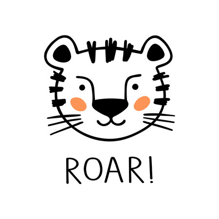 Cute scandinavian print with little Tiger. Cute hand drawn tiger. Lettering quote - Roar. Vector illustration - cartoon tiger.のイラスト素材