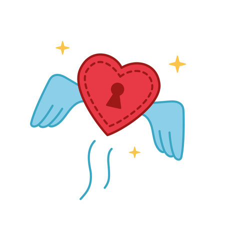 Red shining heart lock with wings is flying in the air. Love is in the air concept. Vector illustration of a broken heart with wings. Valentines day icon in doodle style. hand drawn illustration.のイラスト素材