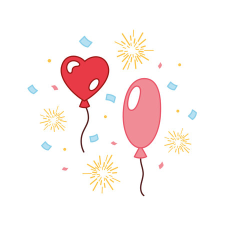 Balloons in cartoon style. Balloons, confetti, fireworks for birthday, wedding, Valentines Day and party. Flying balloons with a rope. Doodle balloons Vector illustration.のイラスト素材