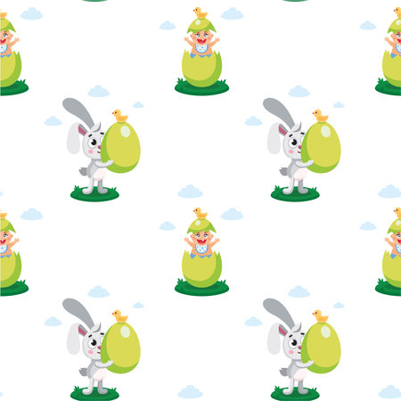 Happy Easter seamless pattern. Vector cute pattern for kids clothes, textile with easter rebbits and eggs. Hand drawn doodle illustration. Easter cartoon characters.のイラスト素材