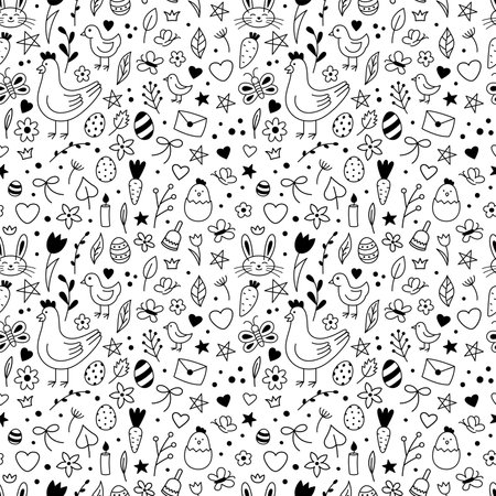 Happy Easter doodle set. Vector cute characters and design elements - eggs, bunny, rabbits, chickens, spring flowers, butterflies, hearts, stars. Hand drawn doodle illustrationのイラスト素材