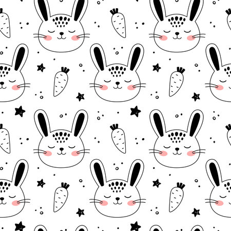 Little bunny doodle style. Hand drawn seamless pattern with cute cartoon Rabbit, dotts, carrots, stars. Kids background. Kids design texture. Vector illustrationのイラスト素材