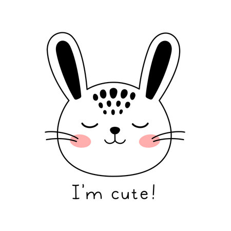 Little bunny face doodle style. Hand drawn illustration with cute cartoon Rabbit and lettering. Kids design hare muzzle. Vector illustration isolated on whiteのイラスト素材