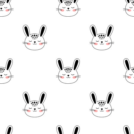 Little bunny doodle style. Hand drawn seamless pattern with cute cartoon Rabbit head. kids background. Kids design texture. vector illustrationのイラスト素材
