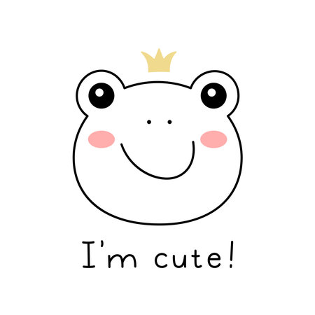 Little Frog face doodle style. Hand drawn illustration with cute cartoon Toad with crown and lettering. Kids design frog muzzle. Vector illustration isolated on whiteのイラスト素材