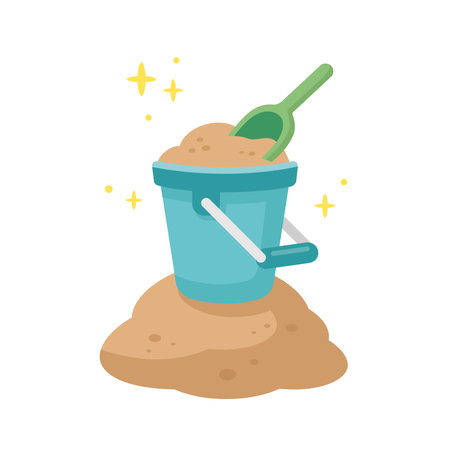 Blue baby bucket with shovel and sand. Children beach summer vacation. Flat design. Vector illustration isolated on white backgroundのイラスト素材