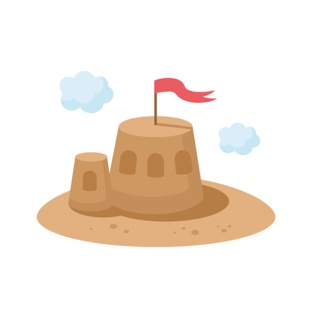 Cartoon sand castle with red flag. Flat design. Kids vector illustration isolated on white background. Beach icon, summer vacation concept.のイラスト素材