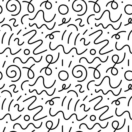 90s seamless pattern squiggle. Abstract geometric shapes seamless pattern. Vector Hand drawn various shapes and doodle objects. Abstract contemporary modern style. Trendy colorfull illustration.のイラスト素材