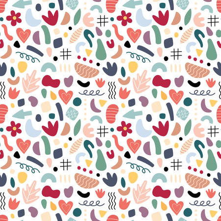 Abstract geometric shapes seamless pattern. Vector Hand drawn various shapes and doodle objects. Abstract contemporary modern style. Trendy colorfull illustration. Stamp texture.のイラスト素材