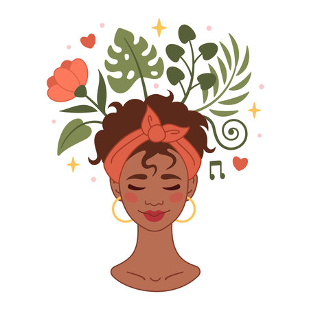 Mental health concept. Smiling afro american woman accepts, loves herself. Girl feels relaxed, confident. Flowers grow from the woman head. Happiness, harmony, positive thinking, self care concept.のイラスト素材