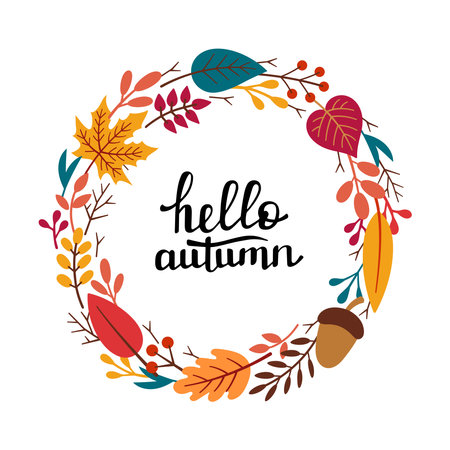Autumn decorative round frame, template with autumn elements - leaves, twigs, acorn, berries and lettering HELLO AUTUMN. Vector hand drawn illustration in Doodle style.のイラスト素材