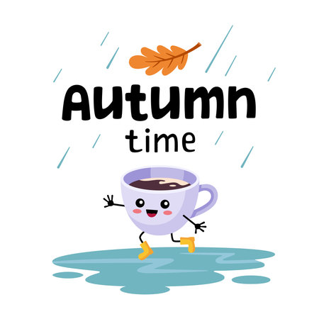 Hello autumn cozy postcard. autumn time lettering. Happy Cup of cocoa in rubber boots jumping through puddles in the rain. Cartoon illustration, doodle style.のイラスト素材