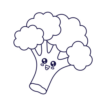 Cute Kawaii Broccoli Cabbage cartoon kids illustration. Food vegetable outline line art illustration. Broccoli character, mascot in Doodle style. Kids Coloring bookのイラスト素材