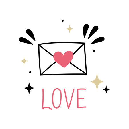 Cute love letter envelope isolated on white background. Hand drawn line art vector illustration with lettering LOVE. Doodle style illustration.のイラスト素材