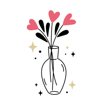 Cute bouquet of heart flowers in vase isolated on white background. Hand drawn line art vector illustration. Doodle style illustration.のイラスト素材