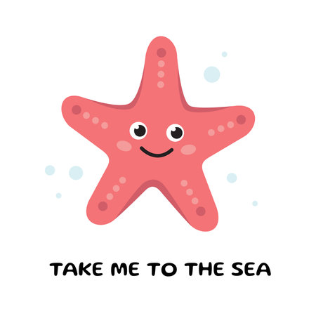 Cute cartoon Starfish. Postcard with Sea star character. Vector illustration of sea star. Kids illustration in cartoon style. Sea animal, sea creature. Kids illustration in cartoon style. flat design.のイラスト素材