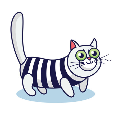 Cute cartoon cat wears striped clothes. Hand drawn kitten illustration. White Cat character with green eyes and striped sweater. Vector illustration in cartoon style.のイラスト素材
