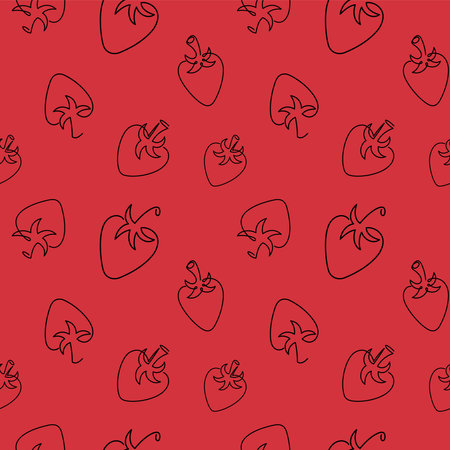 Strawberry seamless pattern. Single line art style strawberry on red background. Abstract creative food illustration in minimalism design. Hand drawn vector illustration. Line art doodle styleのイラスト素材
