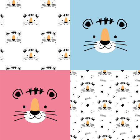 Set of Cute Little Tiger patterns. Hand drawn Little Tiger in doodle style for designing baby clothes. Cartoon Bohemian nursery print. Kids design texture. Vector illustration.のイラスト素材