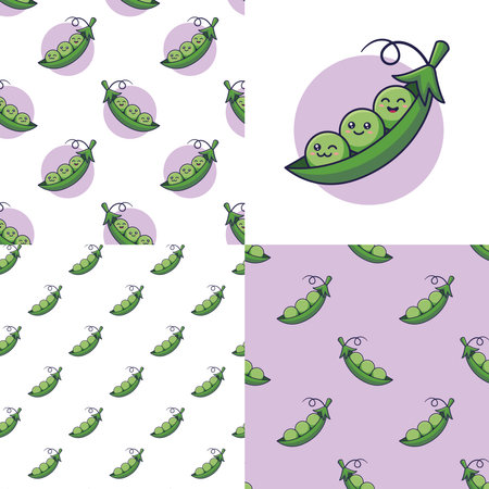 Set of Cute Kawaii Peas patterns. Food vegetable flat icon. Cartoon Pea pod seamless pattern, doodle style. Vector hand drawn illustration. Patterns for kids clothes. Peas patterns collectionのイラスト素材