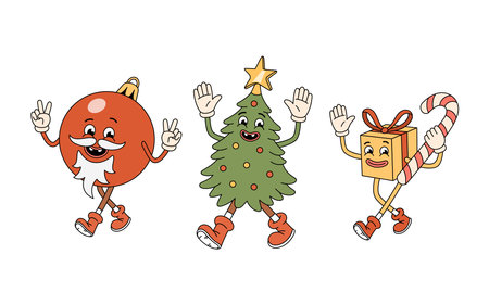 Groovy Christmas characters - tree, gift box with candy cane, red ball toy with white beard. Groovy Christmas tree character. Retro groovy cartoon characters in doodle style. Vector illustration.のイラスト素材